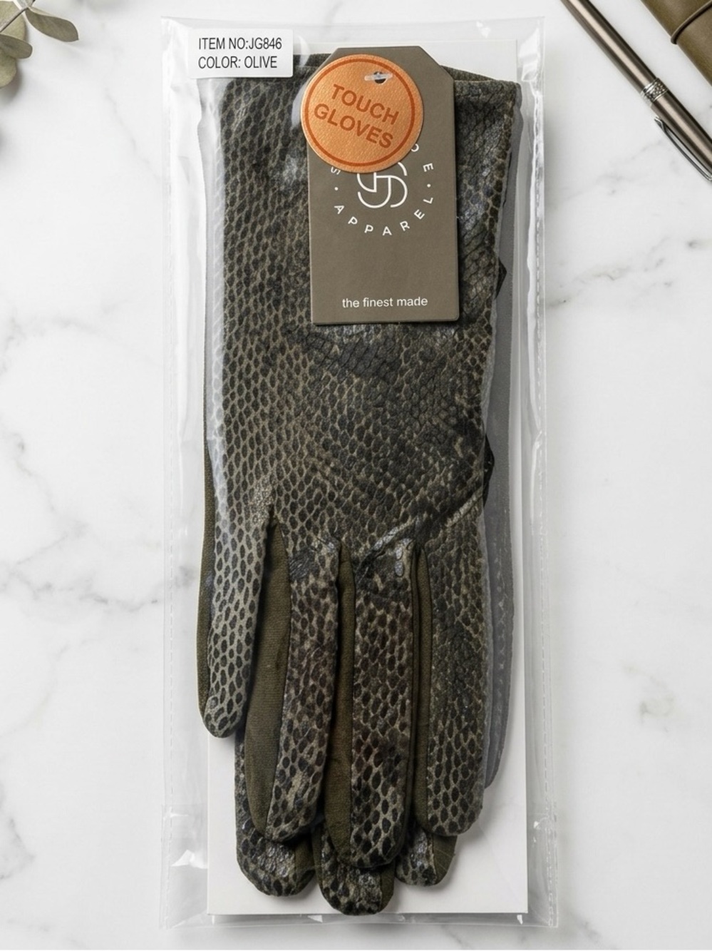 Janice Apparel Unisex Olive Snakeskin Touch Gloves